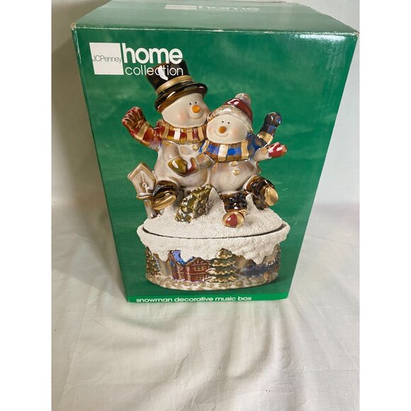 JC Penny Home Collection Snowman Reactive Glaze Porcelain Wind-Up Music Box W Bo - Picture 14 of 15
